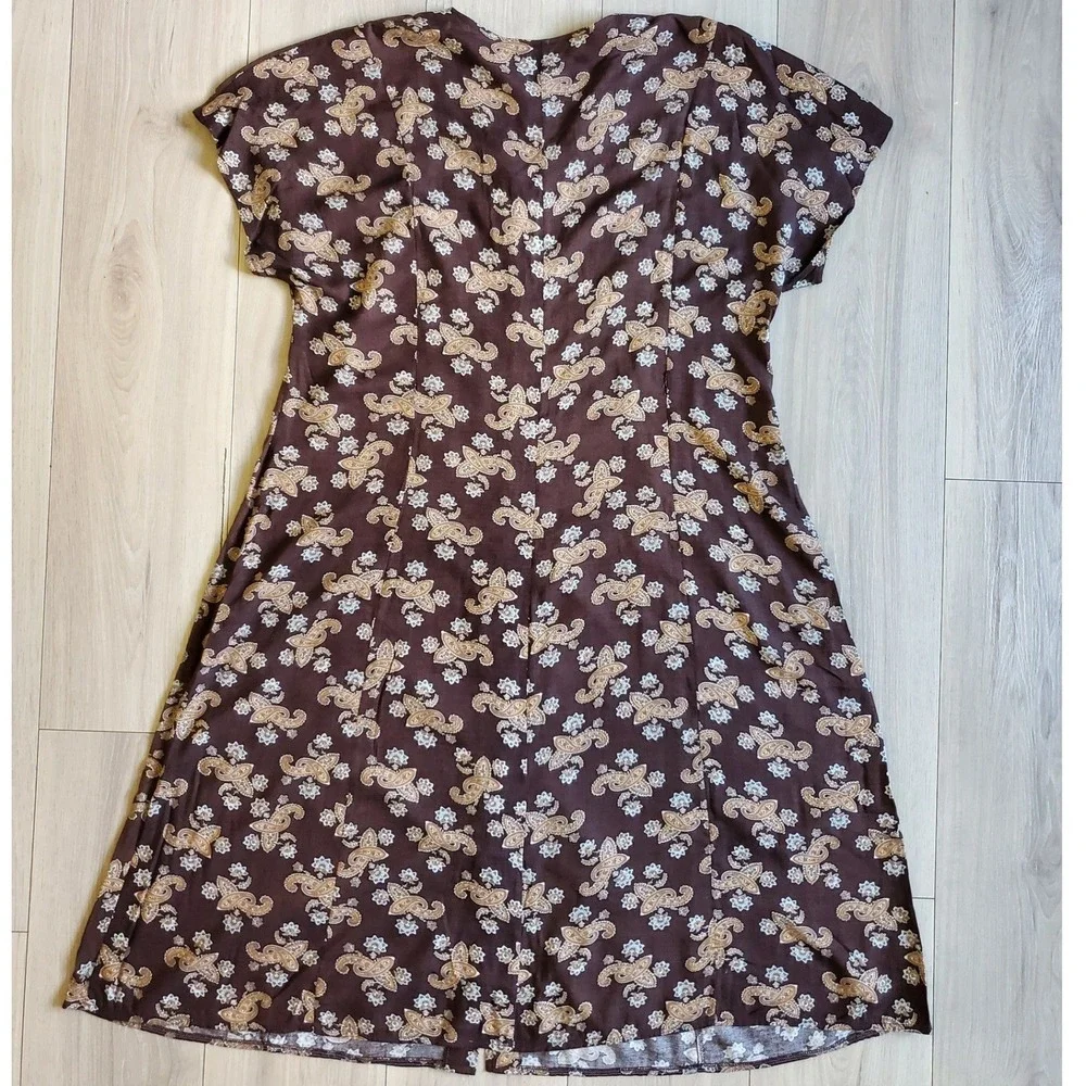 Vintage‎ Paisley Dress Womens 5X Brown Button Front Short Sleeve Flowy Long Maxi